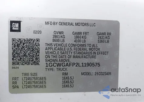 2020 Chevrolet Express Cargo Rwd 2500 Regular Wheelbase Wt z USA, uszkodzony, nr VIN 1GCWGAFP2L1190575